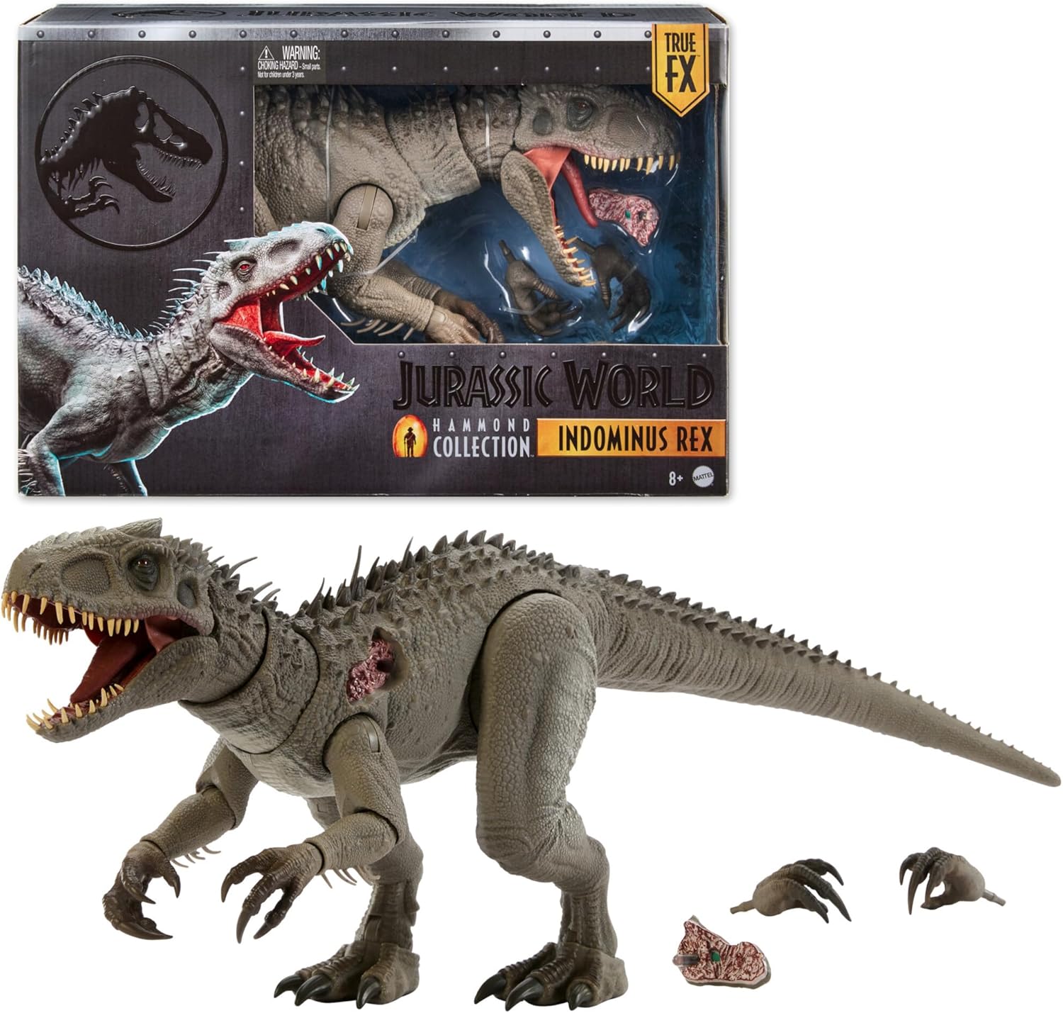 Mattel Jurassic World Hammond Collection Indominus Rex Action Figure | Premium Collectible Dinosaur Toy with Swappable Hands & Flesh Damage Accessory